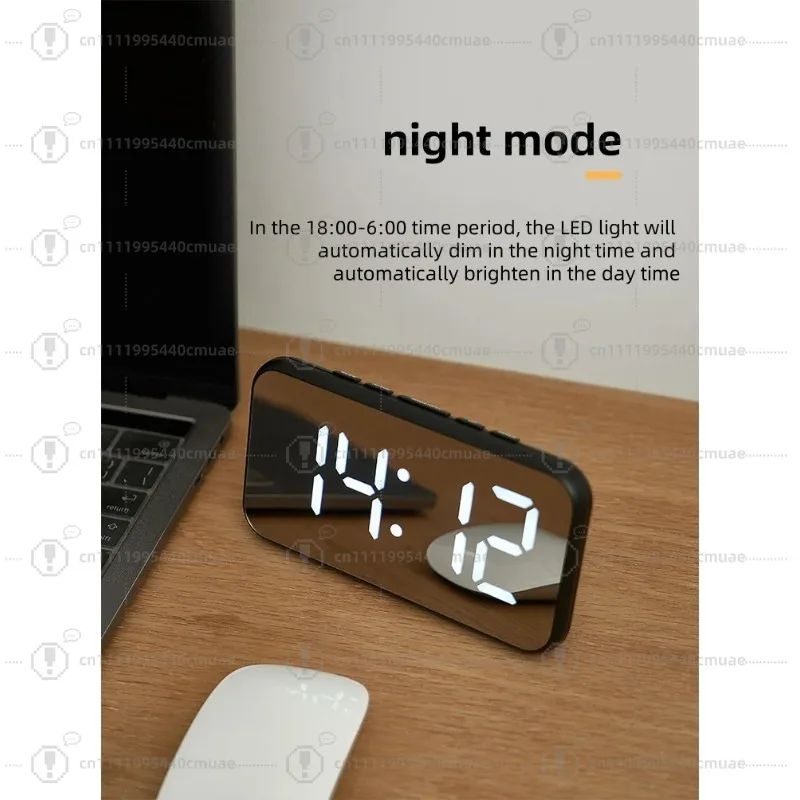 Smart Mirror Display Alarm Clock - LED Time, Temperature & Sleep Mode, Modern Bedside Clock with Ambient Light Sensor