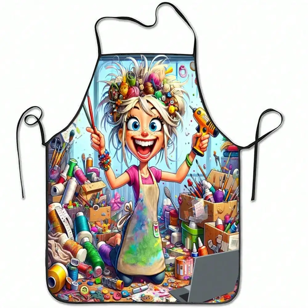Funny Artist Apron, Crazy Painter Woman Art Studio Print Kitchen Bib, Novelty Creative Cooking Apron