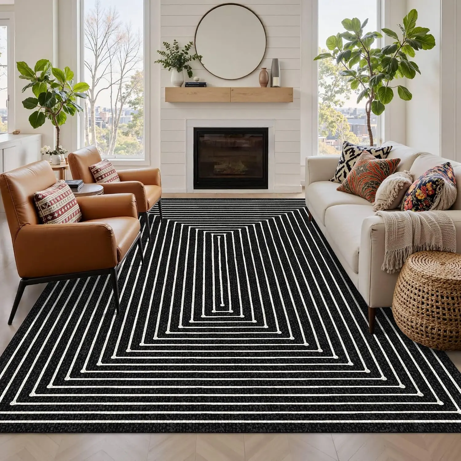 1pc 2D Flat Black White Concentric Square Striped Printed Floor Mat, Decorative Rug for Living Room, Bedroom, Office, Home Decor