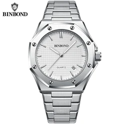 BINBOND Mens Watch Top Brand Royal Casual Men Big Dial Silver Stainless Steel Calendar Quartz Wristwatch Classic Luminous B0233