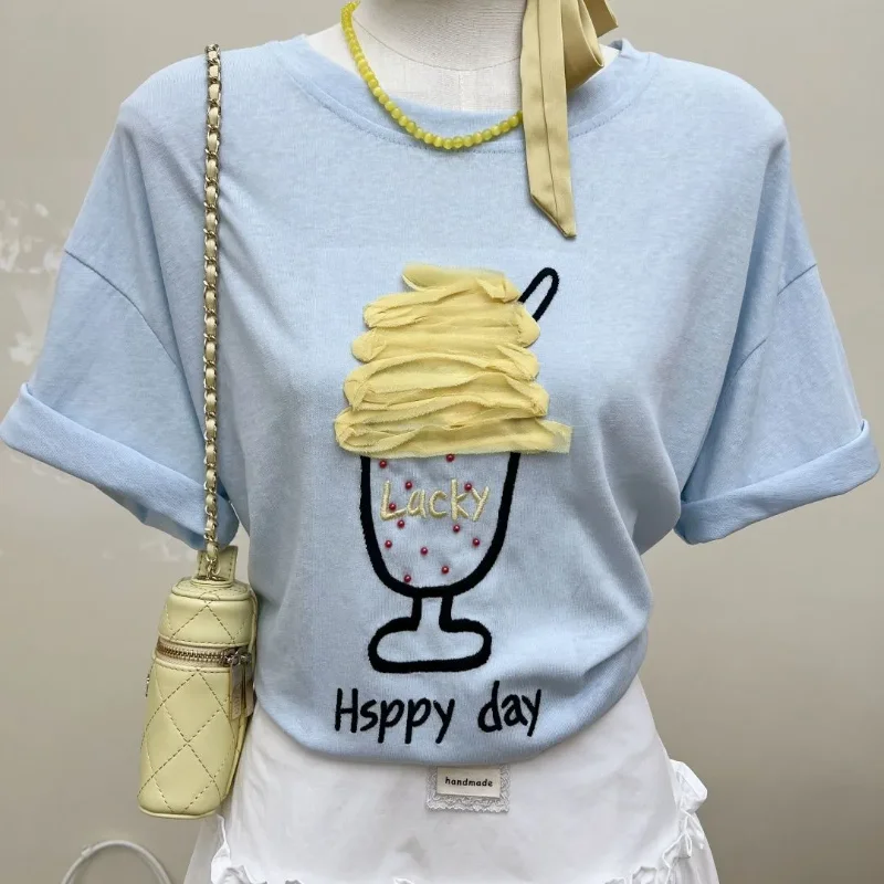 Women Korean Loose Ice Cream Embroidery Short Sleeve T Shirt Casual Basic Daily Tees S-XXL