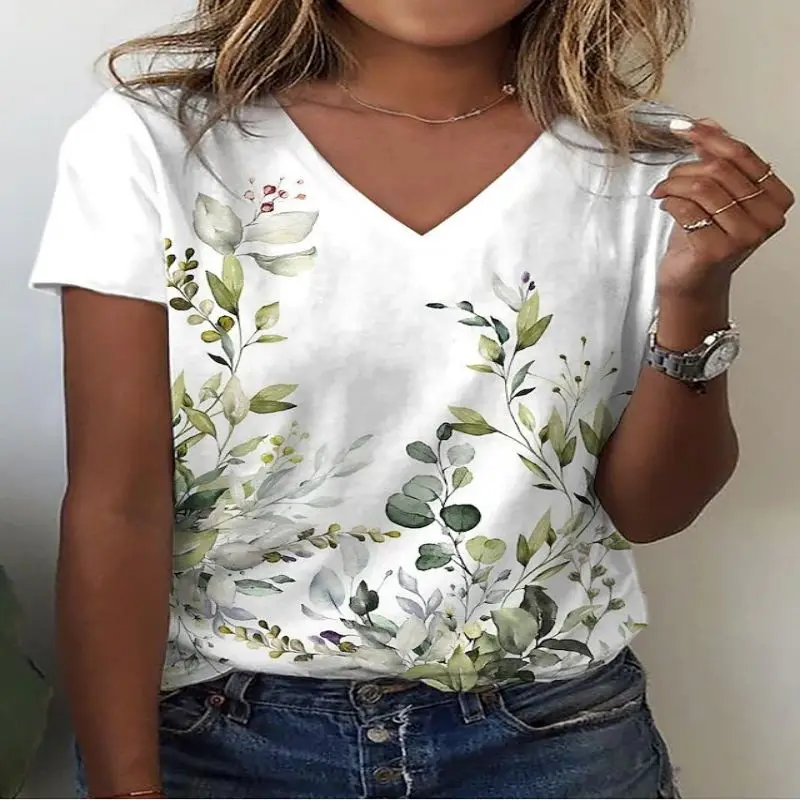 2024 Summer Fashion Women's T-Shirt Short Sleeve Floral Daily Resort Print Colorful Short Sleeve Hawaiian Breathable V Neck Top