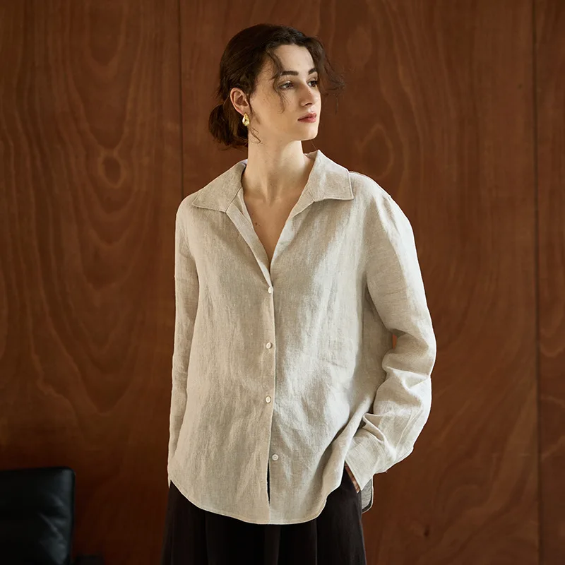 Camicie da donna vintage 100% lino manica lunga abbottonata colletto rovesciato High Street Fashion camicetta casual allentata da ufficio Lady Chic