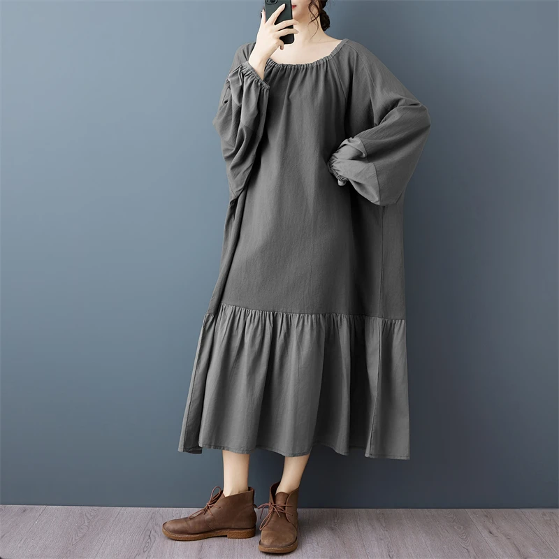 Loose Fit Cotton Linen Women's Dress with Drawstring Lantern Sleeve A-Line Skirt Long Sleeve round Neck City Walk Commute