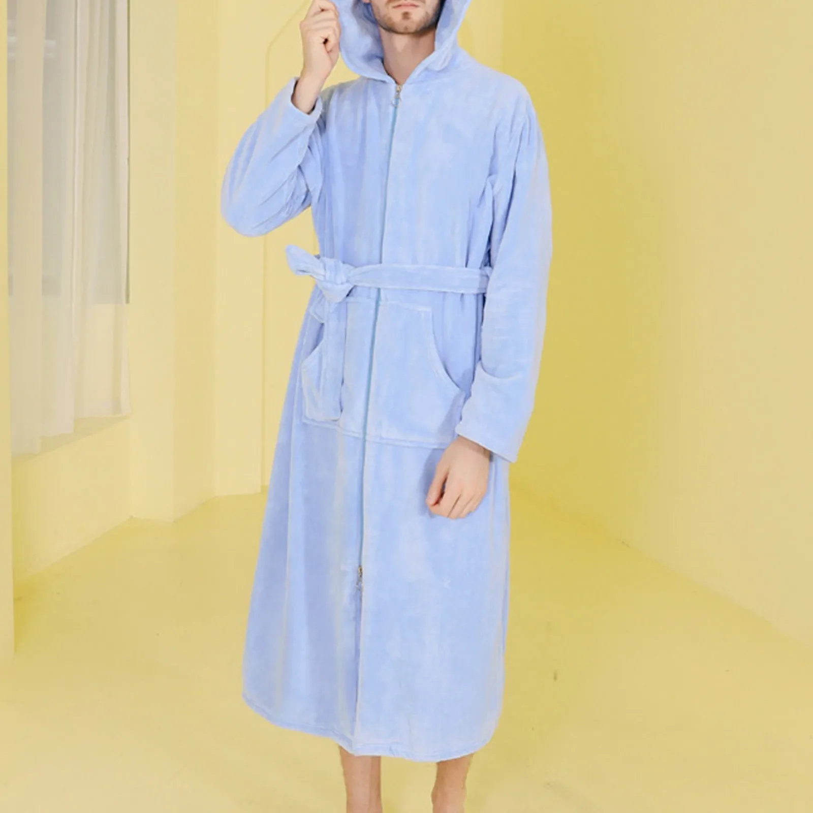 Adults Men\'s Bathrobe Pajamas Flannel Sleepwear Loose Zipper Thick Nightgown Bath Robes Bathing Suit Male Coral Fleece Homewear