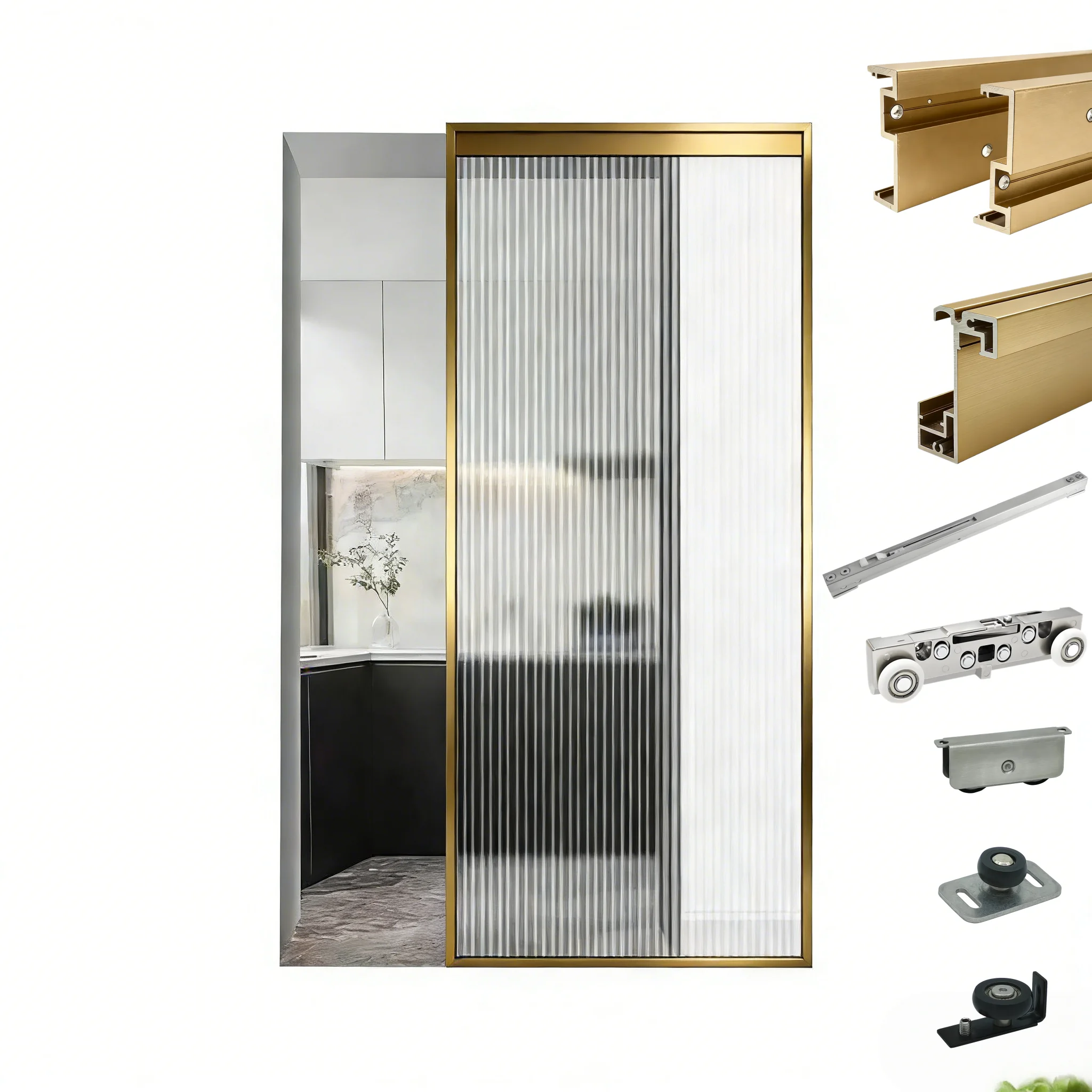 Golden Frame Hidden Track System for Ghost Invisible Sliding Door Mirror Glass Magic Door Hardware Kits with CE Certification