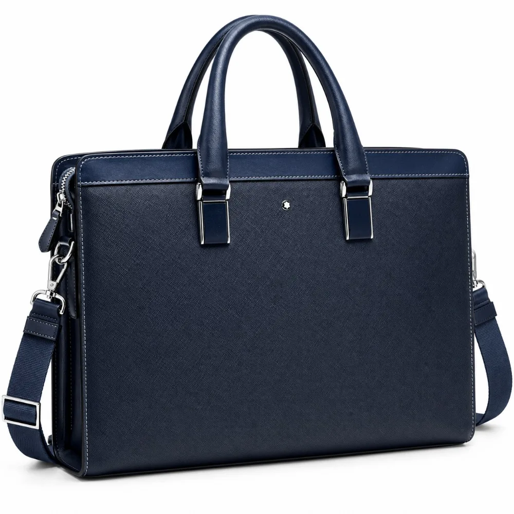 Men's Business Briefcase Classic Office Work Laptop Bag Luxury Blue Leather Top-Handle Bags High QualityCrossbody Shoulder Bag