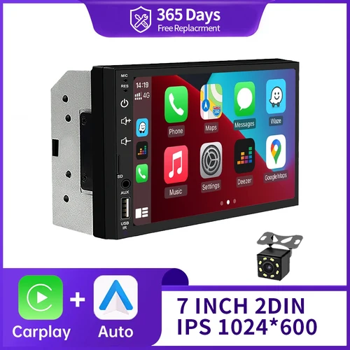 Imagen 1 del producto 2Din 7 pulgadas pantalla HD completamente táctil Carplay Android Auto Car Raido Multimedia reproductor MP5 estéreo USB Bluetooth con cámara de marcha atrás