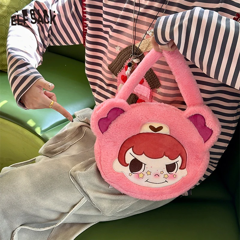 ELFSACK 2025 وصل حديثًا ربيعًا [Ai Maomao] حقيبة يد وردية من القطيفة للنساء حقيبة بناتي كرتونية لطيفة