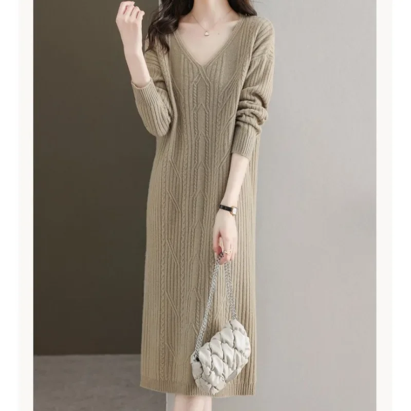 Fashionable V-neck Knitted Dress for Women in Autumn and Winter, with A Diamond Grid Mid To Long Style and Loose Base Fur Skirt