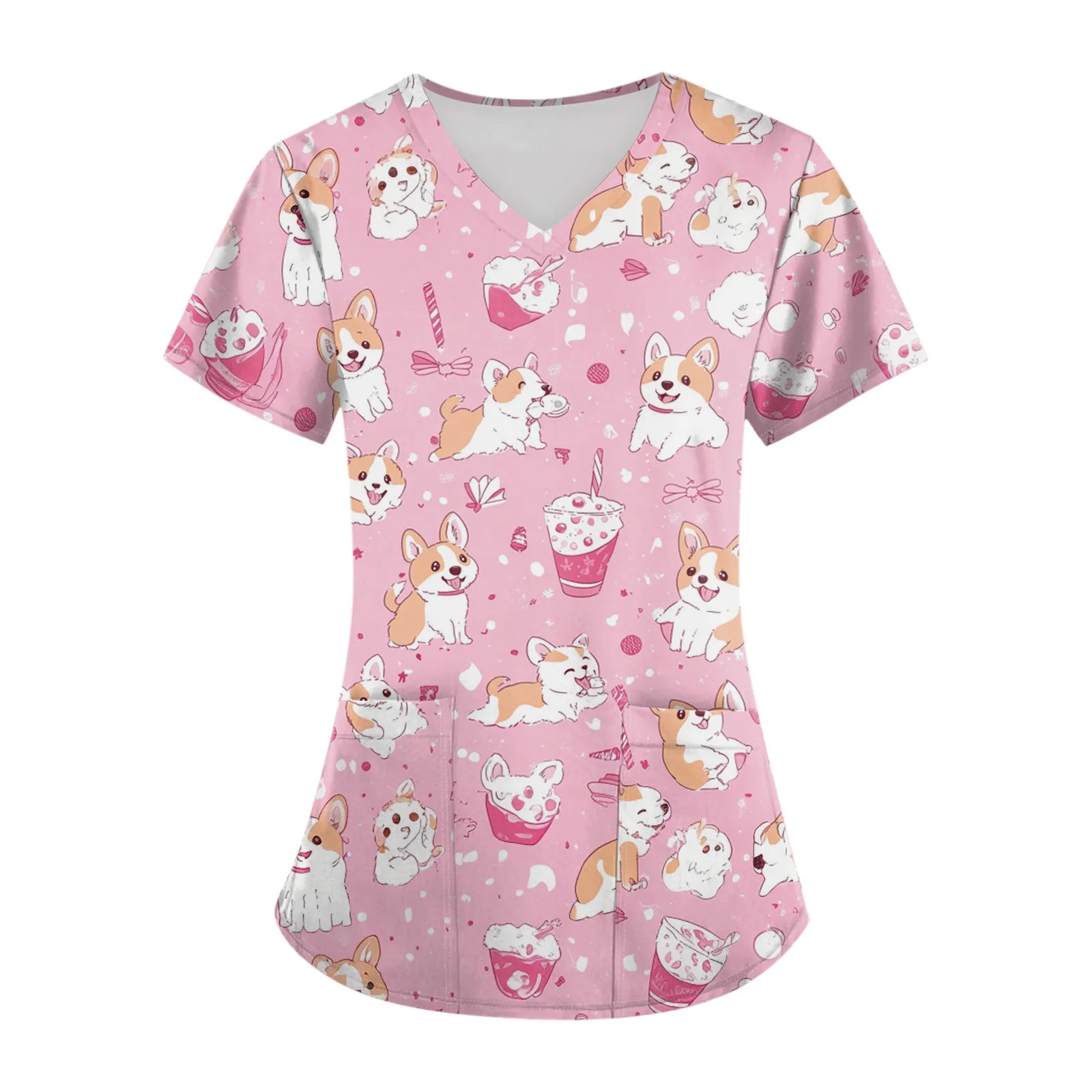 Women'S Casual Nurse Uniform Cute Small Animal Cartoon Print Loose V-Neck Pocket Short-Sleeved Top Soft And Breathable