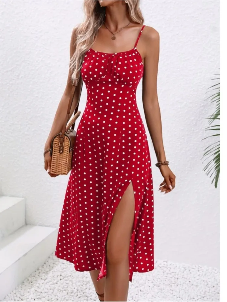 

2024 Summer Sexy Spaghetti Straps Dress Women Fashion Polka Dot Print Sleeveless Slit Dress Boho Casual Beach Midi Dresses