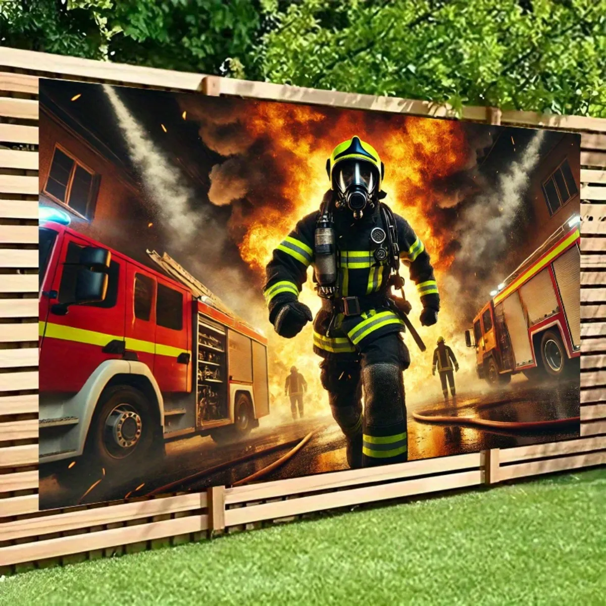 2D  Firefighter Rescue Mission Tapestry Brave Hero Fire Truck Emergency Service Wall Art for Office Man Cave Inspirational Theme