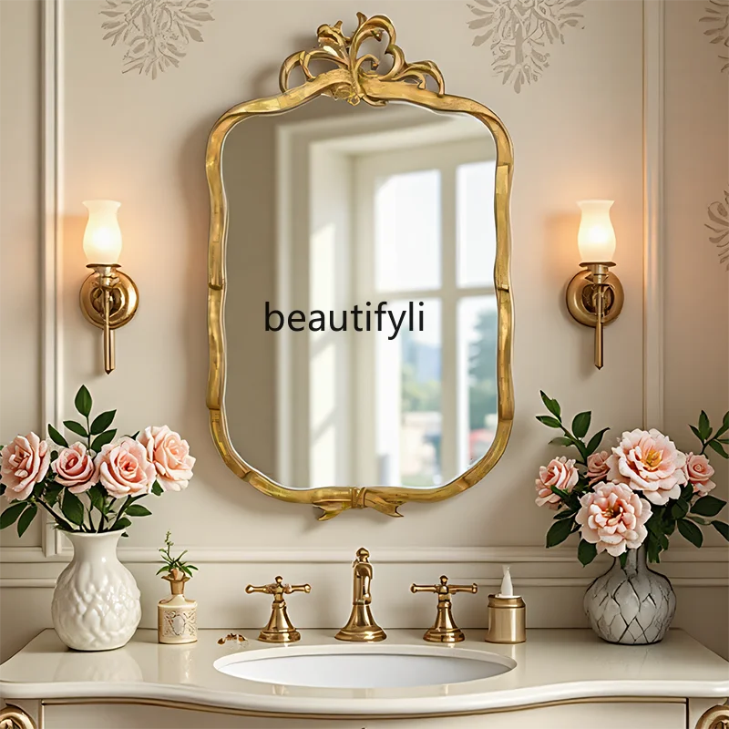 

French Retro Bathroom Mirror Wall-Mounted Irregular Shape Bathroom Makeup Mirror European Style Bedroom