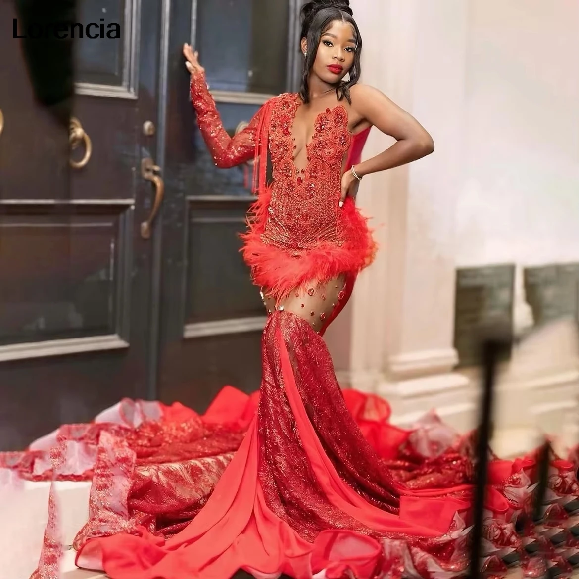 

Платье для выпускного вечера с красными перьями и русалкой по индивидуальному заказу, черное вечернее платье со стразами и бриллиантами для девочек, халат De Sorrie YPD405