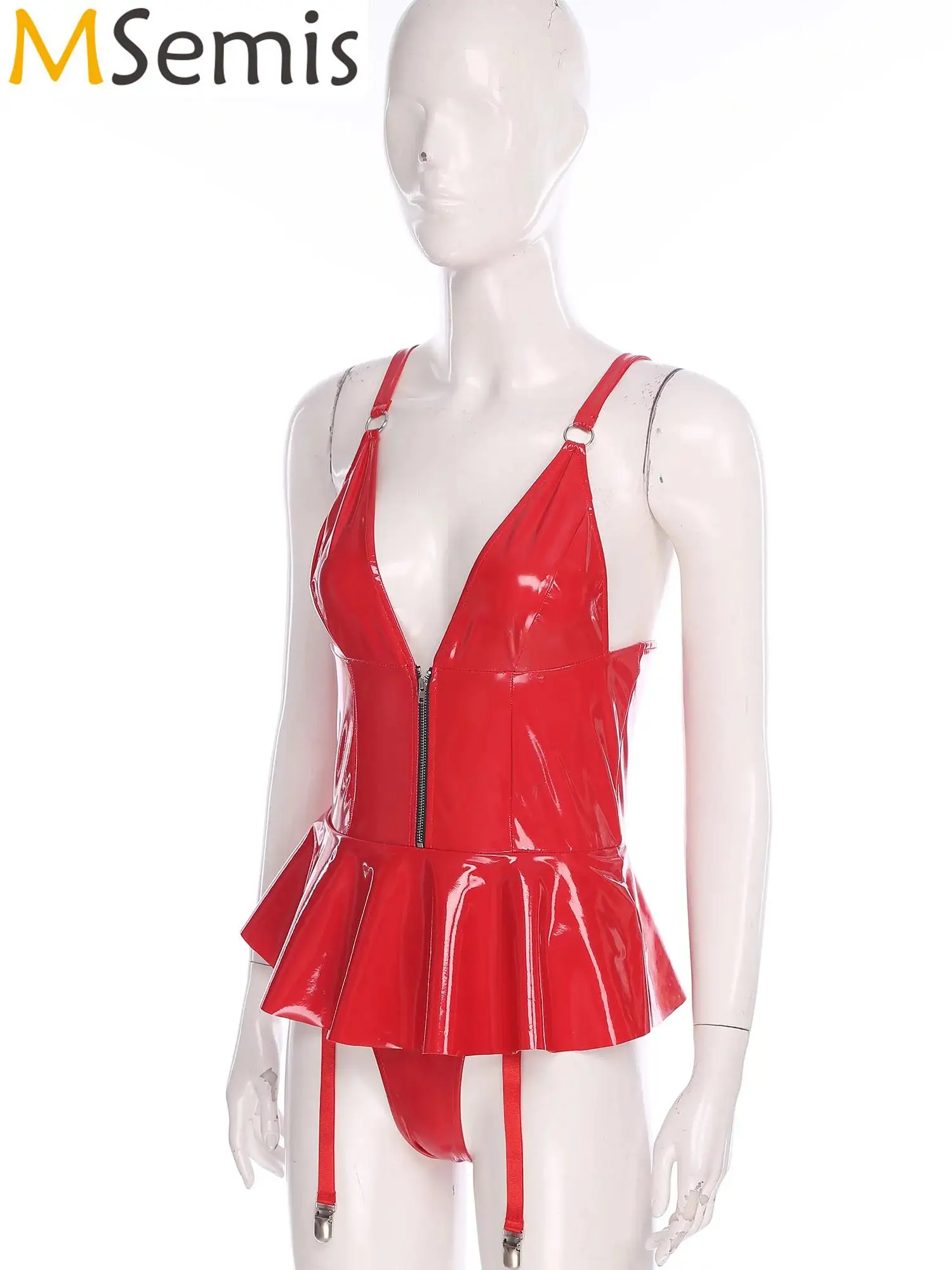 

Womens Lingerie Shiny PU Leather Latex Bodysuit Glossy Sling Mini Dress front zip and back lace-up bodysuit with built-in briefs