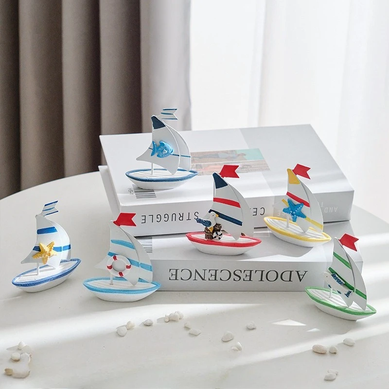 10cm Mediterranean Wooden Sailboat Model, Colorful Tin Small Boat, Cake Baking Decoration Topper Table Home Party Decor Ornament