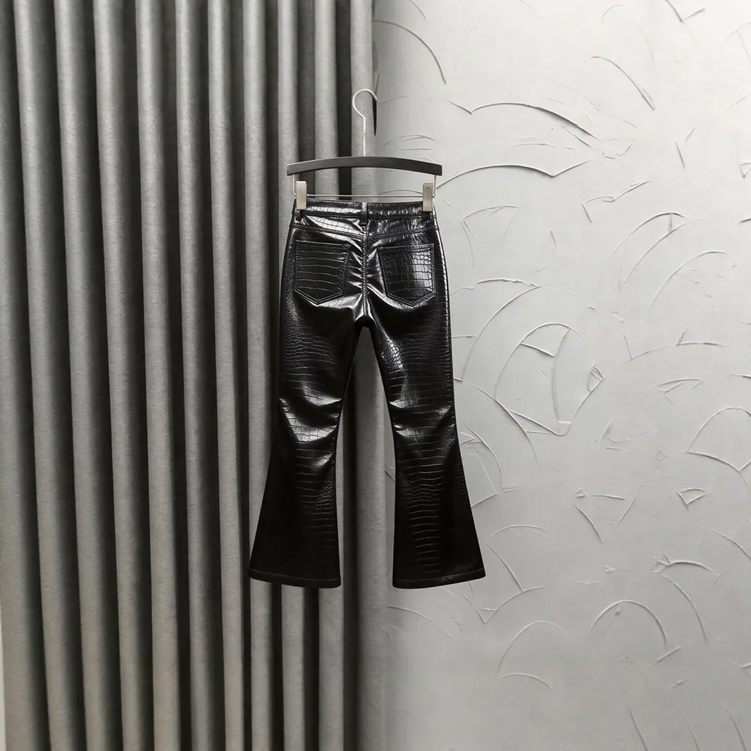 Autumn and Winter Pu Leather Pants Women's High Waist Micro-flared Pants Slim-fitting Black Casual Trousers