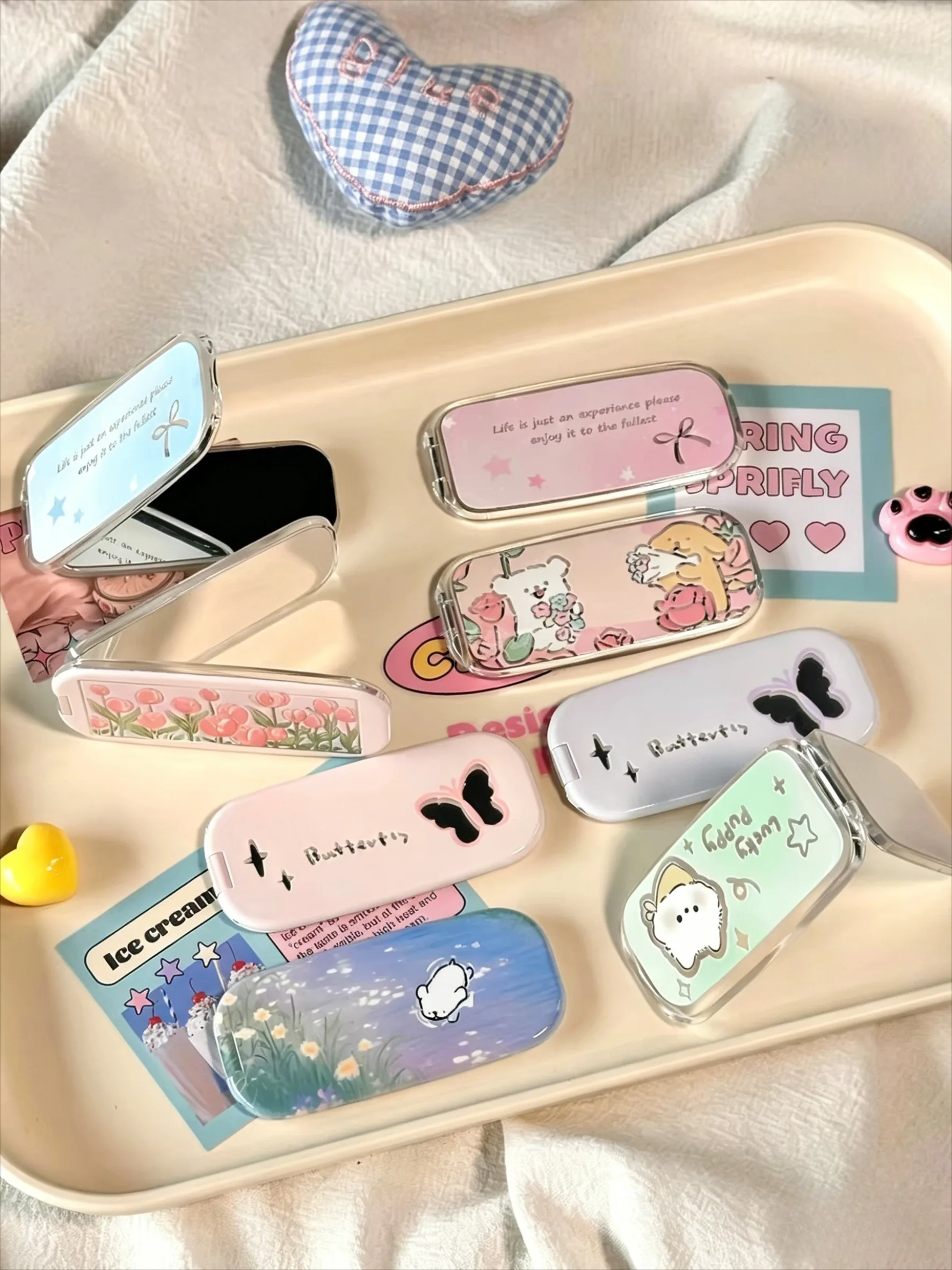 Cartoon Animal Floral Phone Stand with Makeup Mirror, Foldable Self-adhesive Sticker,Horizontal & Vertical Use for Phone Desktop