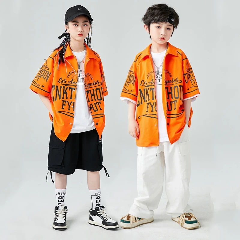 

2023 Childen Jazz Street Dance Wear Boys Orange Tops Loose Pants Kpop Outfits For Girls Ballroom Hip Hop Dance Clothes DQS12799