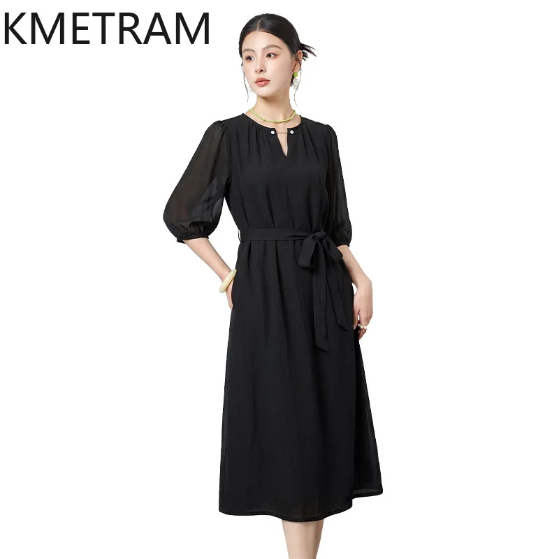 

KMETRAM 100% Natural Mulberry Silk Dresses for Women Black Casual Midi Dress New Summer Frocks 2026 Woman Clothing 2026 vestidos