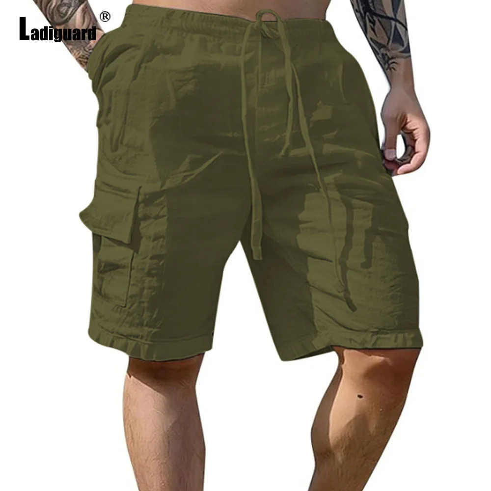 Ladiguard Plus Size 3xl Men Casual Linen Beach Shorts Solid White Khaki Multi-Pocket Shorts Men\'s Drawstring Knee-Length Pants