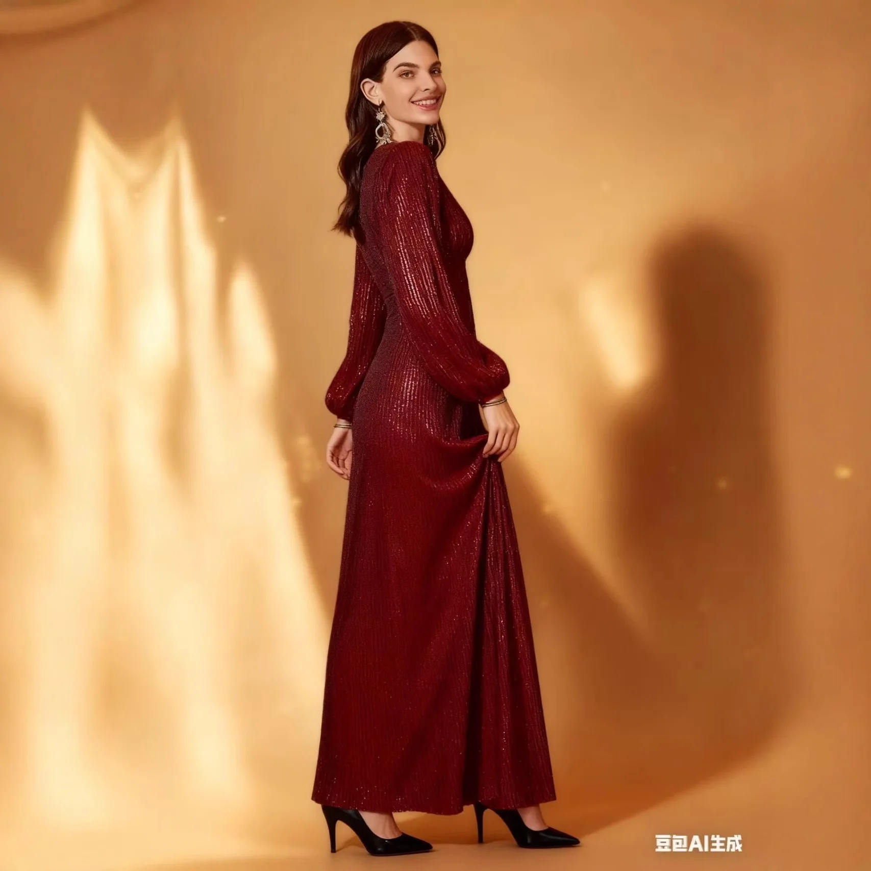 2025 invierno nueva exportación Rhinestone elegante cuello en V gran banquete vestido largo de noche