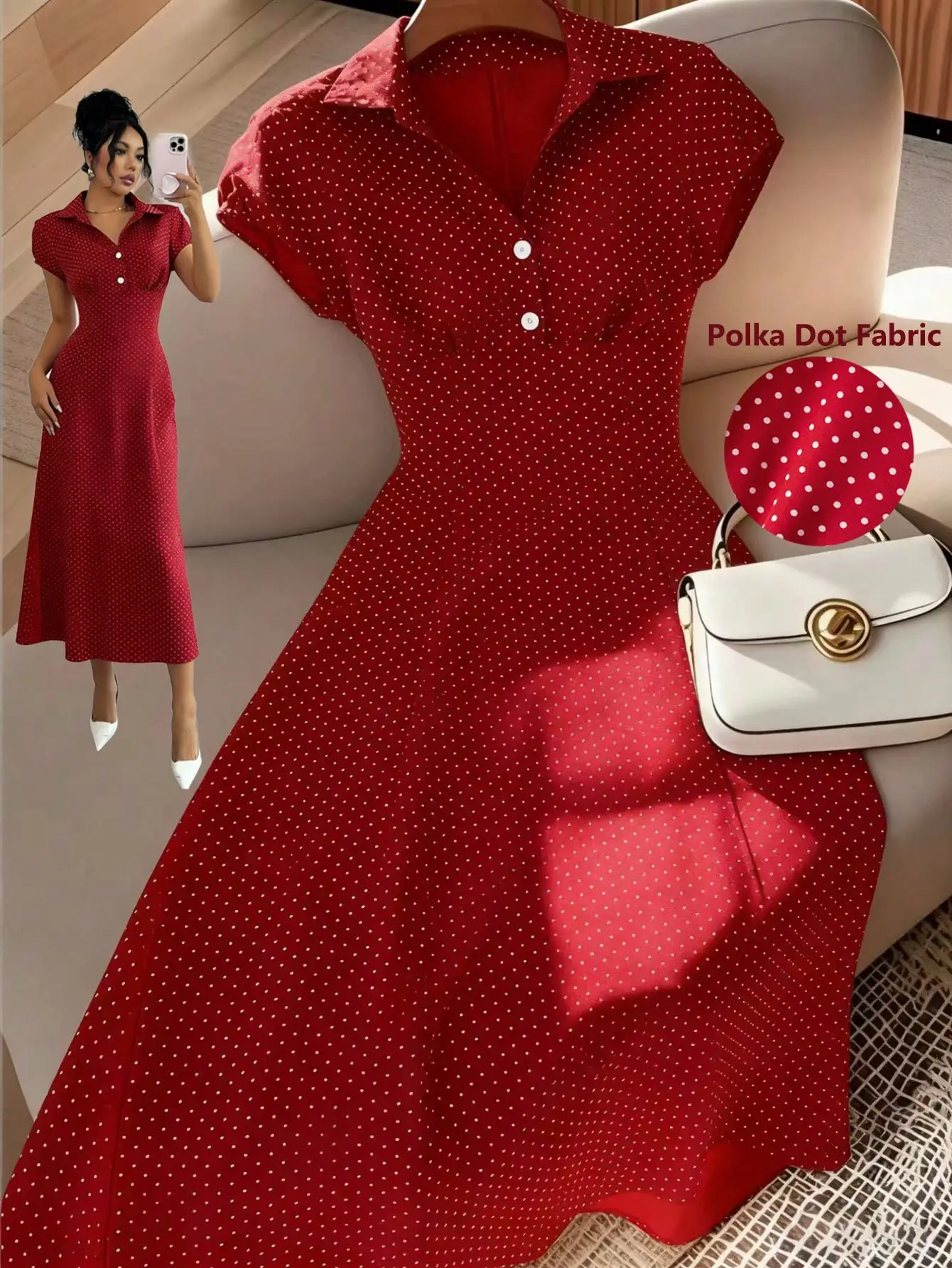

Women's Red Polka Dot A-Line Shirt Dress with Short Sleeves and Button Front