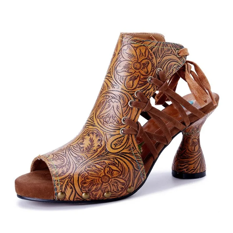 High Brand 7.7CM Sheepskin Leather Woman Ethnic Summer Chunky Heels Big Size Peep Toe Pumps Cross-tied Sandals Moccasins Shoes