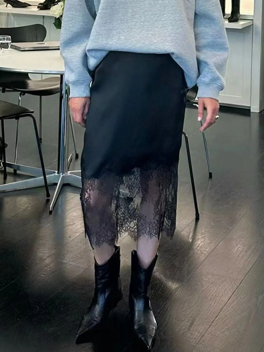 

Black Satin Lace Patchwork Midi Skirt Women High Waist Slim Straight Long Skirts Summer New Vintage Simple Fashion Faldas Bottom