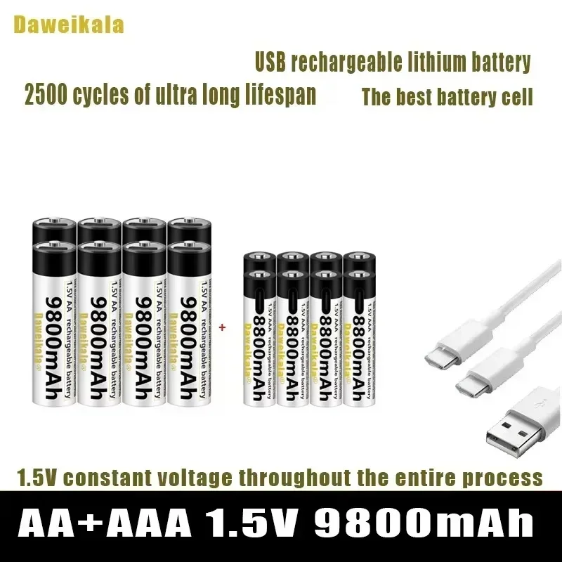 Batería recargable USB AA + AAA de 1,5 V, baterías de iones de litio AA 9800mAh/AAA 8800mAh para juguetes, reloj, reproductor MP3, termómetro + Cable