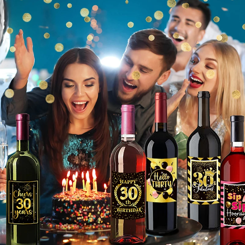 

6Pcs 30th 40th 50th 60th Birthday Wine Bottle Labels Stickers Gold and Black Birthday Party Decor Adult Birthday Party Supplies