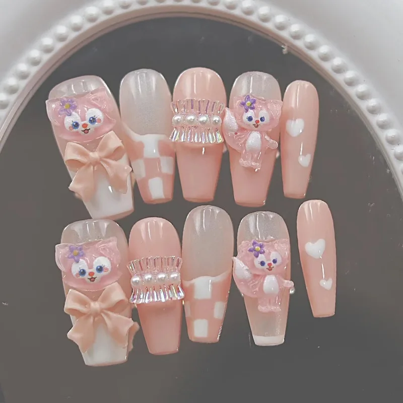 10pcs High Quality DIY Handmade 3D press on nails coffin pink cute cartoon animal manicure press on nails