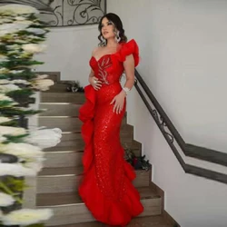 Red Lace Women Evening Gowns Ruffles One Shoulder Sexy High Split Prom Dresses Aso Ebi Floor Length Formal Party Dress Robe