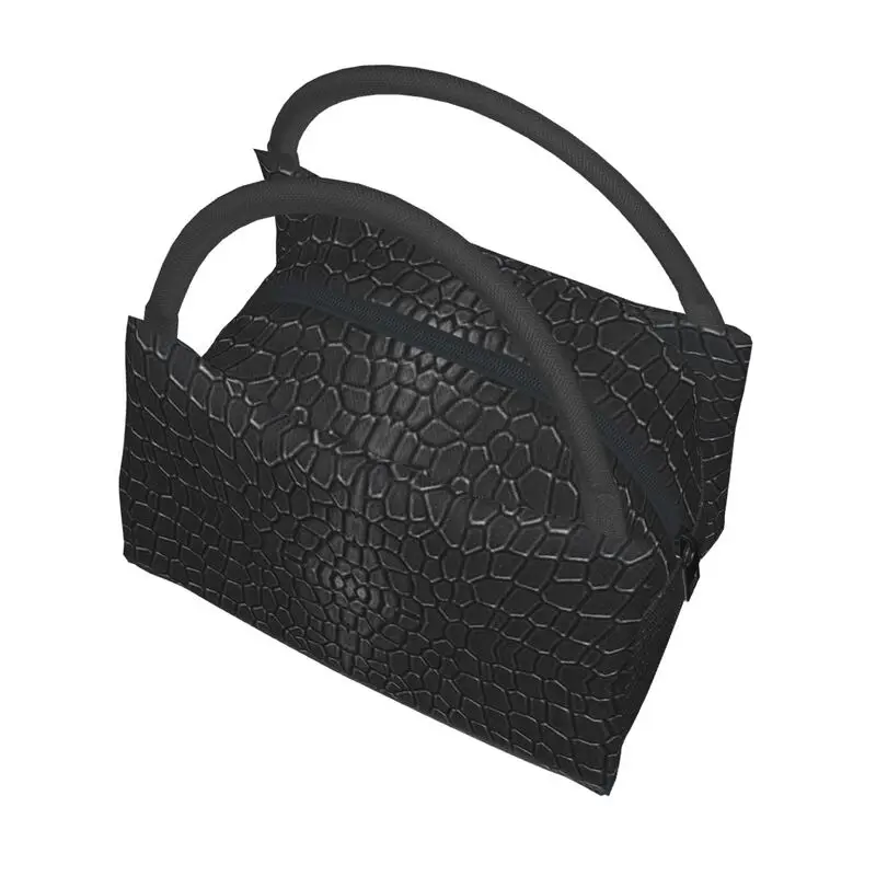 Black Crocodile Skin Leather 3D Print Insulated Lunch Tote Bag for Women Alligator Texture Resuable Thermal Cooler Bento Box