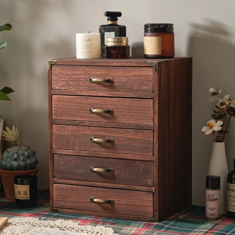 

Vintage Solid Wood Jewelry Box Curio Storage Cabinet Wooden Drawer Multi-layer Tea Set Bracelet Desktop Storage Cabinet