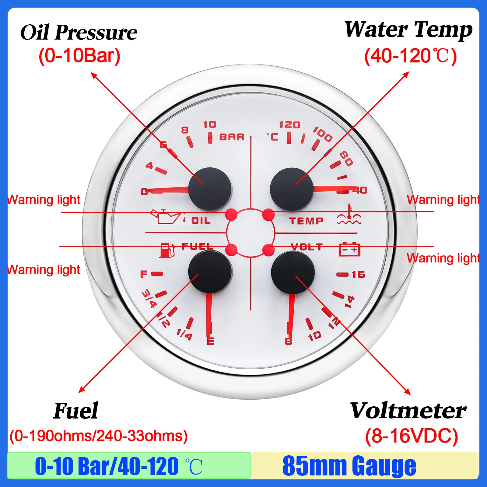 4 in 1 Multifunction 85mm Gauge with Alarm Oil Pressure Gauge Water Temp/Voltmeter/ Fuel Level Meter 0-190 ohm Auto Car Red LED