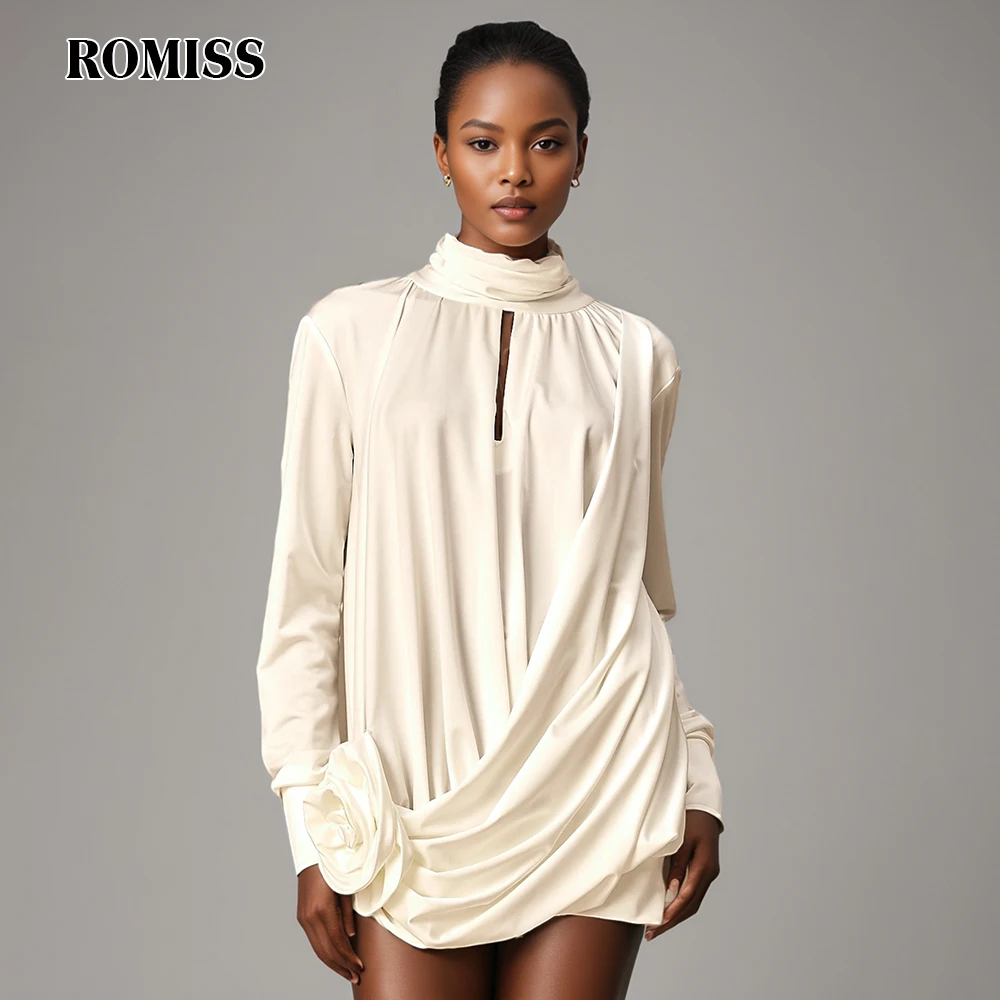 

ROMISS Solid Spliced Appliques Dresses For Women Turtleneck Long Sleeve High Waist Hollow Out Temperament Dress Female New