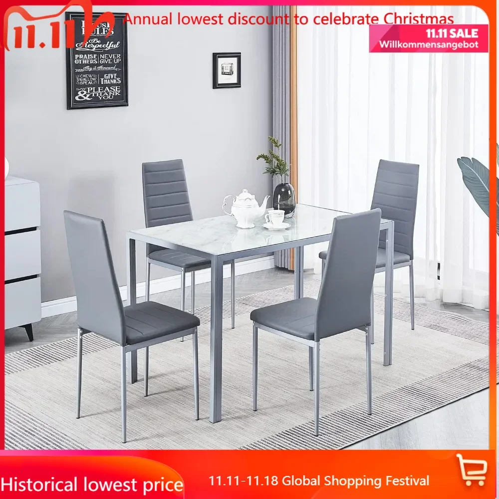 Dining Table Set for 4, 5 Piece Kitchen Table and Chairs for Dinette, Apartment, Compact Space-Saving w/Tempered Glass Tabletop