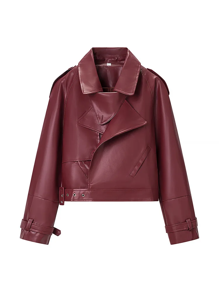 HH Women Fashion Solid Button Turn-down Collar Street Style Coat Women Long Sleeves Casual Pockets Motorcycle Leather Jacket