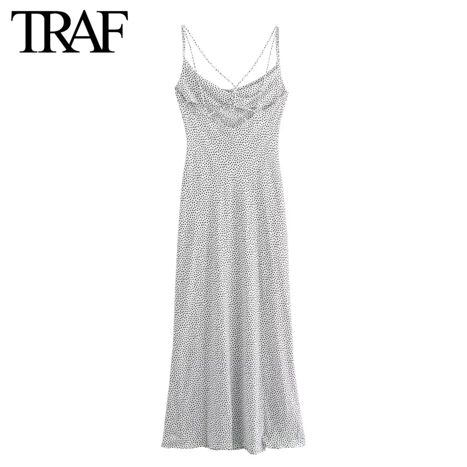 TRAF Women Fashion Summer New Dot Printed Sleeveless Backless Sling A-line Long Dress Chic Female French Elegance Evening