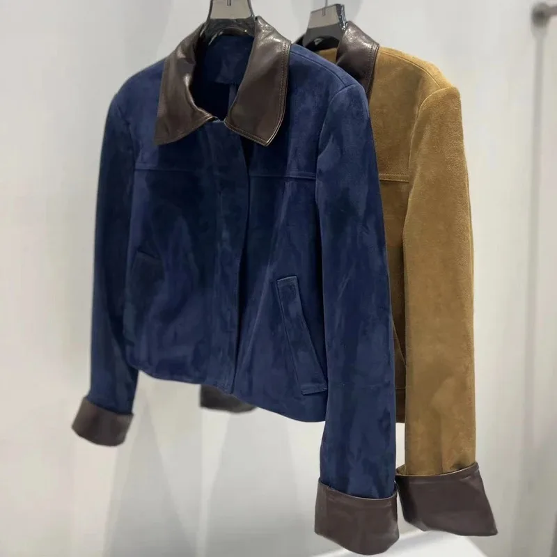 Veste en daim rétro importée pour femme, manteau en cuir contrasté, bleu marine, court, Locomotive, automne-hiver, 2025