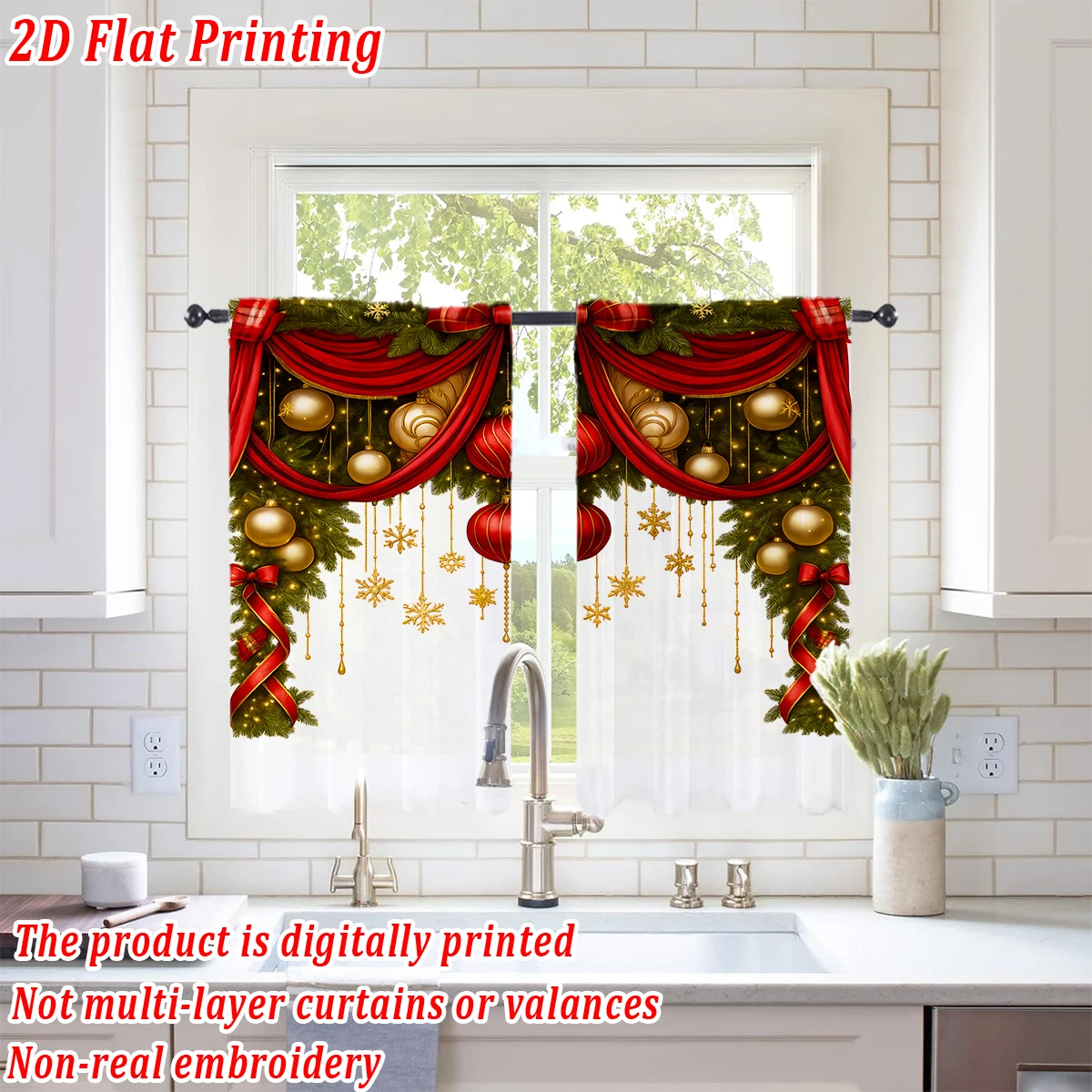 Christmas Flat Printing Kitchen Sheer Curtain with Merry Christmas Ball Snowflake Pine Branch For Christmas Home Decor  Party