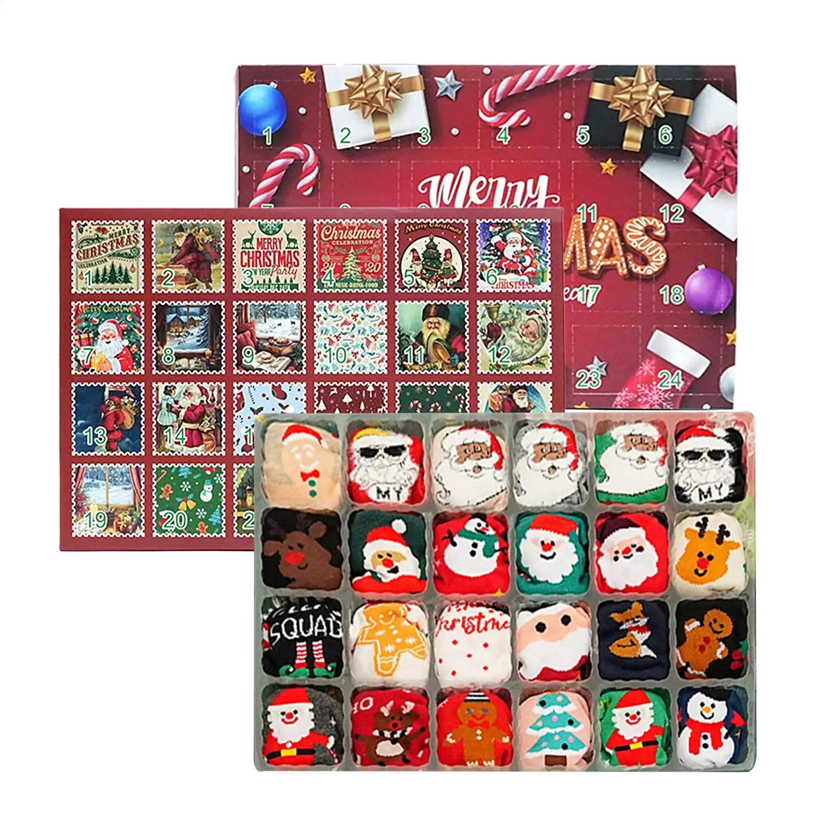 Weihnachts-Advent-Socken, 24-Tage-Advent-Countdown-Kalender, 12 Paar weiche Crew-Socken für Damen, Herren, Erwachsene, Teenager, Urlaub