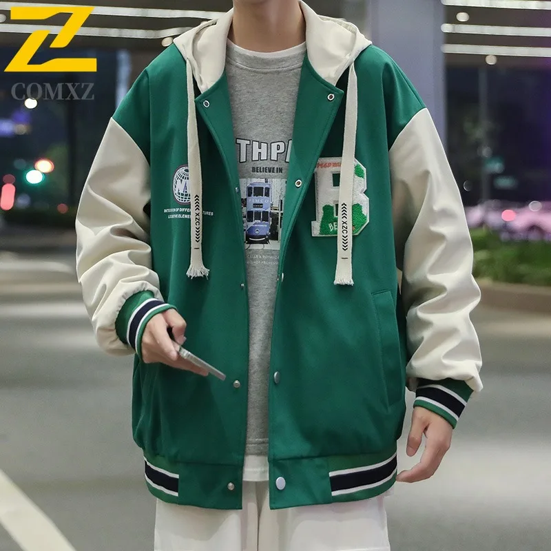 

COMXZ Unisex Hooded Baseball Jacket Japanese Style New Oversized Trendy Brand Casual Streetwear Lightweight Drop Shoulder Coat