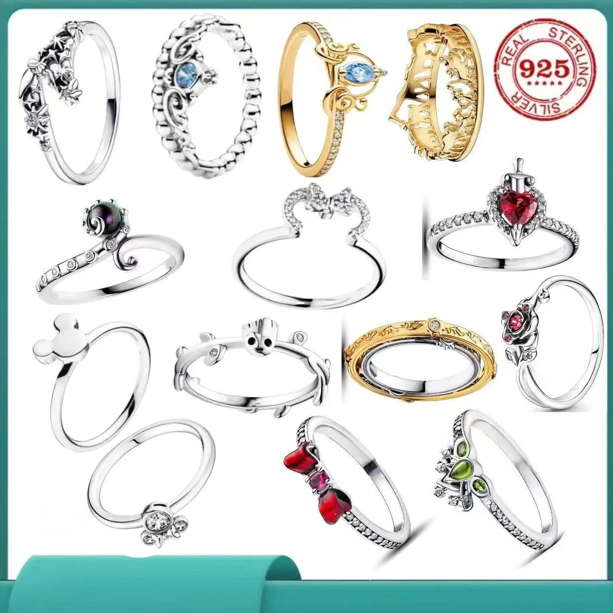 Image of Disney 925 % Sterlingsilber, Love Mickey Bow Leaf Zircon Eternal Ring Set, exquisites Verlobungs- und Hochzeits-Set für Damen, edler Schmuck, Geschenk