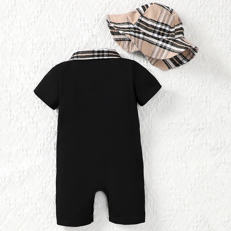 Baby Boys Romper Set Short Sleeve Turn-down Collar Plaid Summer Short Jumpsuit with Hat 2 PCS Infant Clothes Set