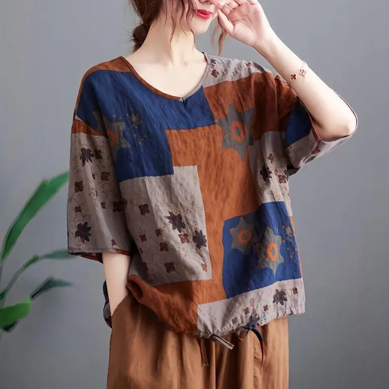 Women Folk Contrast Color Cotton Linen V-neck Drawstring T-shirt Summer Thin Middle-aged Loose Printed Short Sleeve Casual Tops