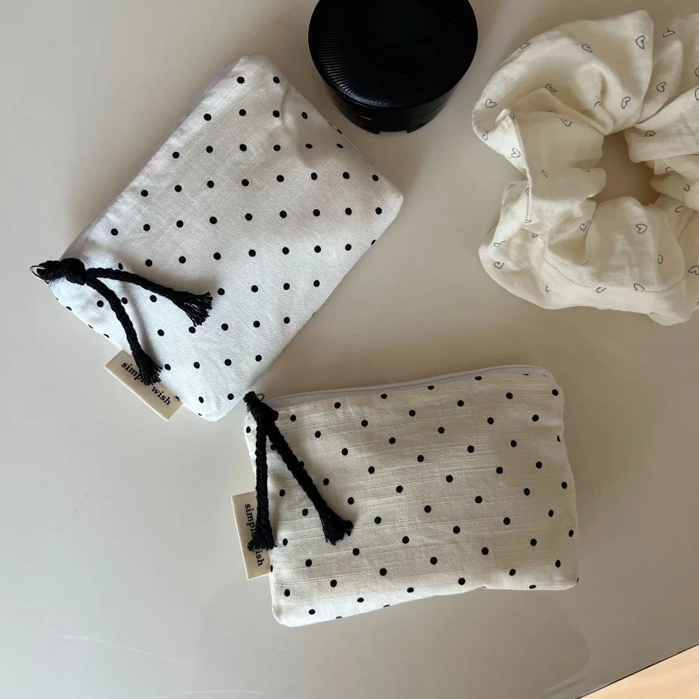 Cotton Linen Material Mini Coin Purse Striped Pattern Polka Dot Design Jewelry Storage Bag Minimalist Style Portable Size