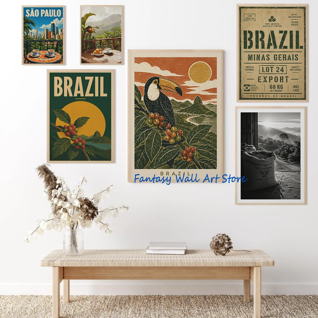 Brazil Coffee Sao Paulo Travel Poster Brazil Single Origin Coffee Vintage Poster Canvas Painting Wall Pictures Retro Cafe Decor